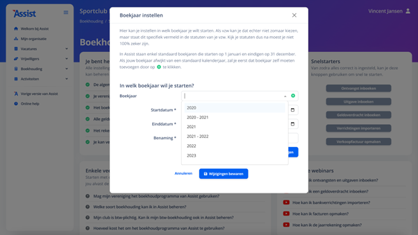 boekjaar instellen
